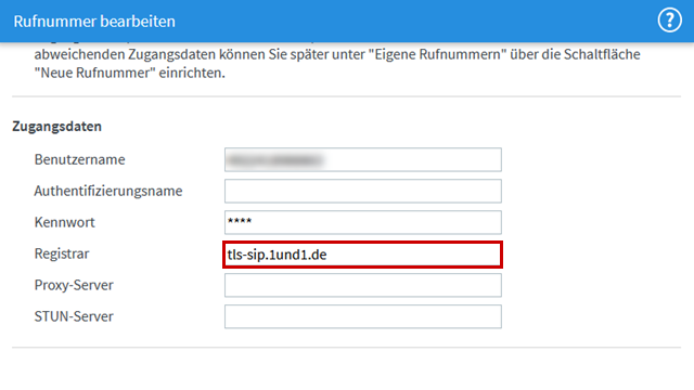 Menü zum Bearbeiten einer Rufnummer, Abschnitt zur Eingabe von Zugangsdaten, Eingabefeld für Registrar hervorgehoben