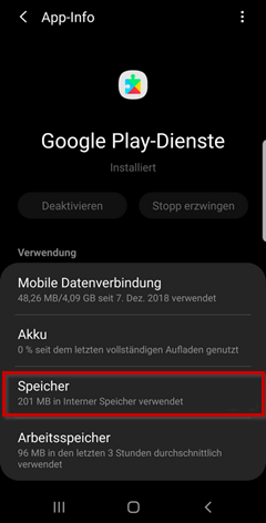 Smartphone (Android): Google-Play-Dienste, Speicher markiert