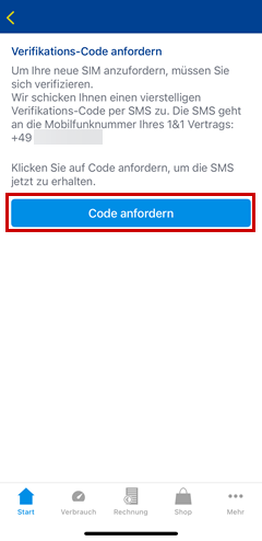 Seite zur Anforderung des Verifikations-Codes mit Rahmen um den Button Code anfordern.