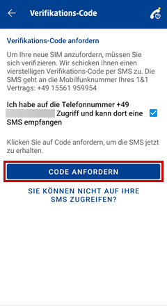 Seite zur Anforderung des Verifikations-Codes mit Rahmen um den Button Code anfordern.