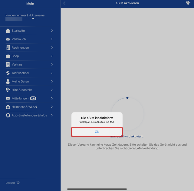 Hinweis, dass eSIM aktiviert ist mit Rahmen um OK