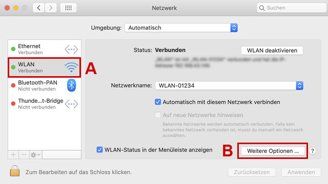 Netzwerkeinstellungen in macOS, WLAN und "Weitere Optionen" hervorgehoben