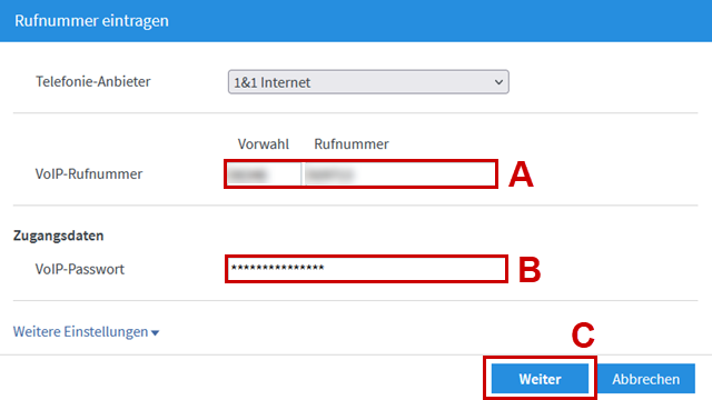 Hervorgehobene Eingabefelder für VoIP-Rufnummer und -Passwort