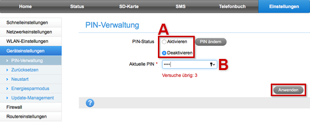 Oberfläche des 1&1 Surfsticks, PIN-Verealtung in den Einstellungen, PIN-Status aktivieren oder deaktivieren