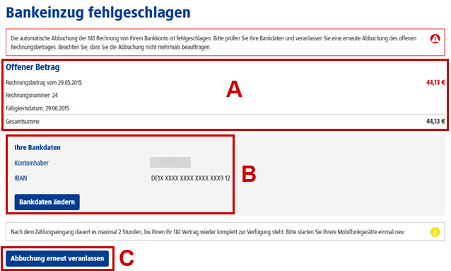 1&1 Control-Center Bankeinzug fehlgeschlagen