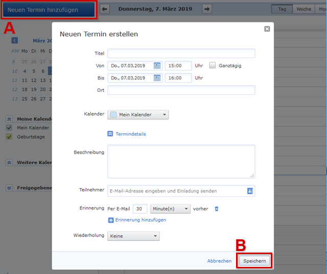Neuen Termin hinzufügen und Speichern ist hervorgehoben