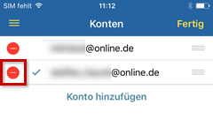 1&1 Mail-App: "Löschen" Button markiert