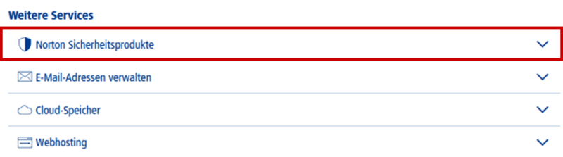 Weitere Services, "Norton Sicherheitsprodukte" mit rotem Rand hervorgehoben.