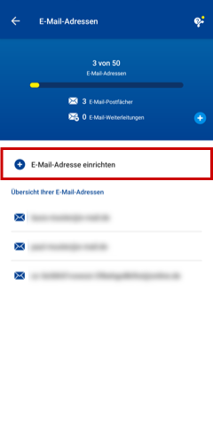Übersicht eingerichteter E-Mail-Adressen, Button zum Anlegen einer neuen E-Mail-Adresse hervorgehoben