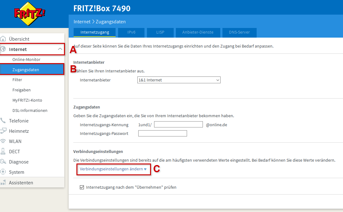 Verbindungseinstellungen auf der Benutzeroberfläche der FRITZ!Box ändern