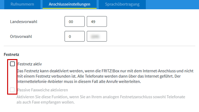 Hervorhebung der Felder Festnetz aktiv und Passive Faxweiche aktivieren