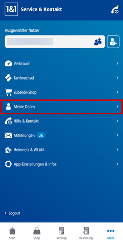 Hauptmenü der 1&1 Control-Center-App, Kundendaten hervorgehoben