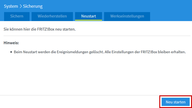FRITZBox-Benutzeroberfläche: Router neustarten hervorgehoben