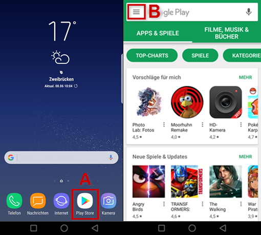 Startbildschirm mit Play Store Icon hervorgehoben, Menüfeld mit Icon hervorgehoben
