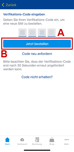 Eingabefeld für den Verifikations-Code mit Rahmen um Button Jetzt bestellen