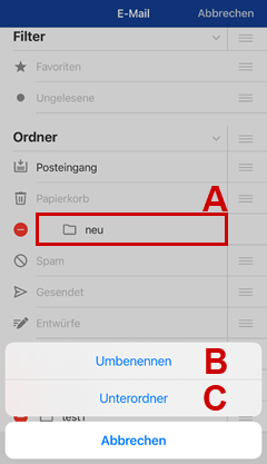 Ordnerverwaltung in der 1&1 Mail-App