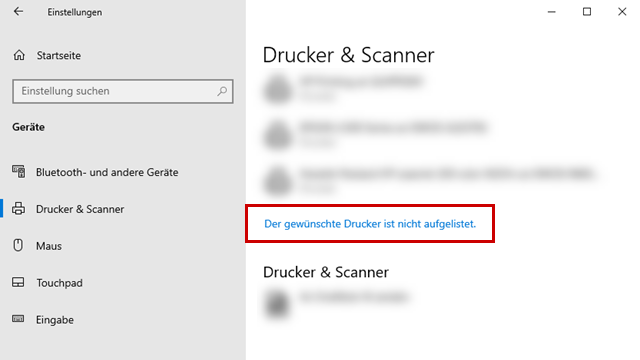 Unter Drucker & Scanner ist das Dialogfeld markiert