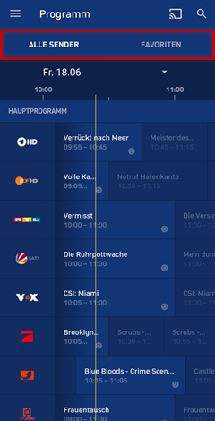Programmübersicht, Register zur Anzeige aller Sender und zur Anzeige von Senderfavoriten hervorgehoben