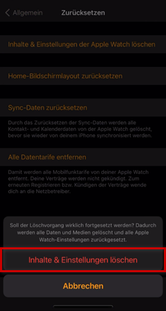 Auswahl in der Apple Watch-App "Inhalte & Einstellungen löschen"