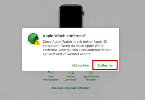 Abfrage, um das Entfernen der Apple Watch zu bestätigen.