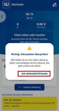 Eine wichtige Meldung wird angezeigt: Die Adressdaten sollen überprüft und bestätigt werden. 