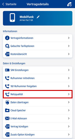 Auswahl des Ausklappmenüs "Netzqualität" in den Vertragsdetails