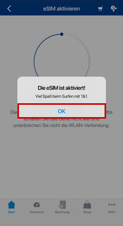 Hinweis, dass die eSIM aktiviert ist mit Rahmen um en Button OK.