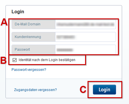 Login: Kundenkennung, Passwort, Identität nach dem Login bestätigen & Login Felder/Buttons mit Icon hervorgehoben.