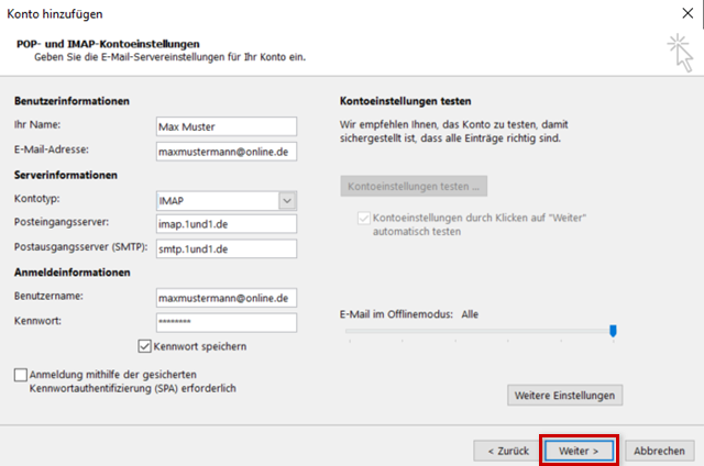 POP- und IMAP-Kontoeinstellungen, "Weiter" unten rechts ist mit rotem Rand hervorgehoben.