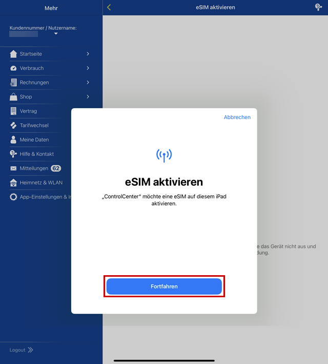 Hinweis, dass Control-Center eine eSIM aktivieren möchte mit Rahmen um Fortfahren.
