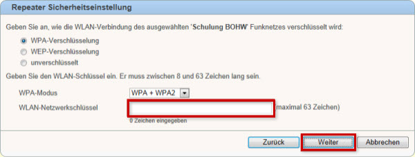 Repater Sicherheitseinstellungen: Netzwerkschlüssel Eingabefeld markiert