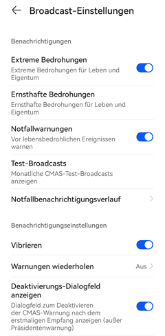 Einstellungen Cell Broadcast