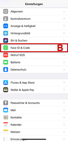 Face ID & Code in den Einstellungen hevorgehoben