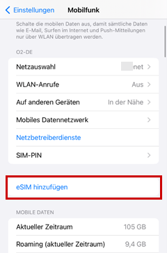 Mobilfunk in den Einstellungen mit Rahmen um eSIM