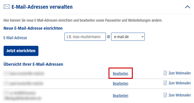 Menü zur Verwaltung von E-Mail-Adressen, Link zum Bearbeiten einer E-Mail-Adresse hervorgehoben