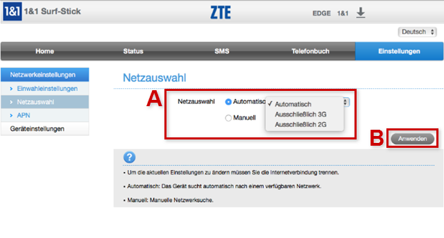Netzwauswahl automatisch oder manuell
