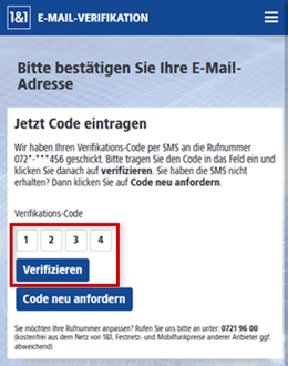 Code-Eingabe für die E-Mail-Verifikation mit "Verifizieren" bestätigen