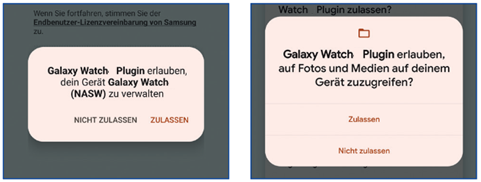 Galaxy Watch Plugin die Verwaltung der Galaxy Watch erlauben und Zugriff auf Fotos und Medien zulassen.