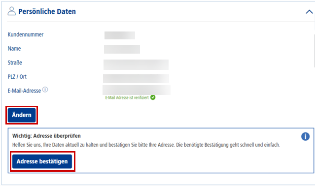 Alle zu diesem Vertrag angegebenen Persönlichen Daten wie Kundennummer, Name, Adresse und E-Mail-Adresse werden angezeigt. Ein Hinweis fordert dazu auf, die Aktualität der Adresse zu überprüfen und die Adresse zu bestätigen.