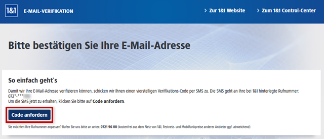 E-Mail-Verifikation mit Rahmen um Code anfordern