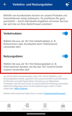Verwendung von Verkehrs- und Nutzungsdaten in der 1&1 Control-Center-App zustimmen oder ablehnen