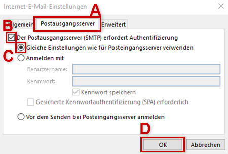Internet-E-Mail-Einstellungen: Postausgangsserver, "Erweitert"-Tab ist mit rotem Rand und B-, Haken für "Der Postausgangsserver (SMTP) erfordert Authentifizierung" sowie Auswahl darunter sind mit rotem Rand und A, hervorgehoben.