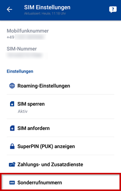 SIM-Einstellungen mit Rahmen um Mehrwertdiensten