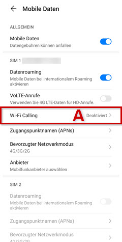 Wi-Fi Calling (A) ist mit rotem Icon hervorgehoben