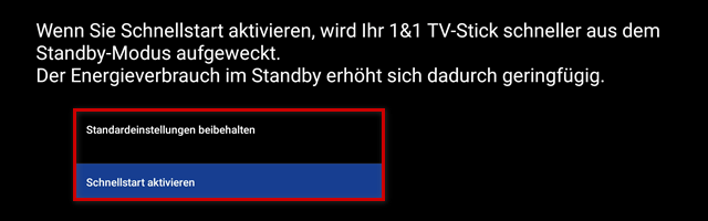 Auswahl Schnellstart oder Standardeinstellungen ist hervorgehoben