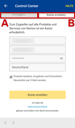 Bei Norton einloggen oder neues Konto erstellen