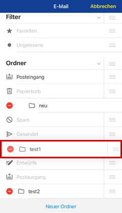 Ordnerverwaltung in der 1&1 Mail-App