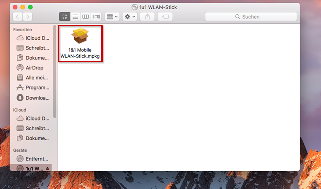 Benutzeroberfläche des Surfsticks mit Icon der Installationsdatei 1&1 Mobile WLAN-Stick.mpkg