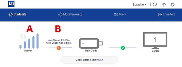 Statusanzeige mit orangenem Ausrufezeichen zwischen Internet und Mein Gerät