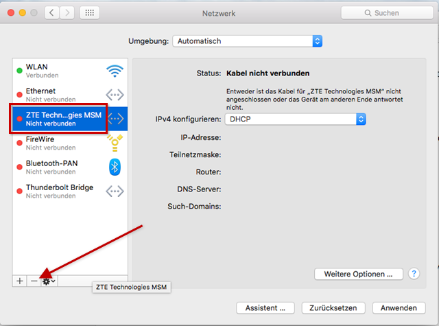 Netzwerke mit Auswahl des ZTE Eintrags und des Minus-Buttons.